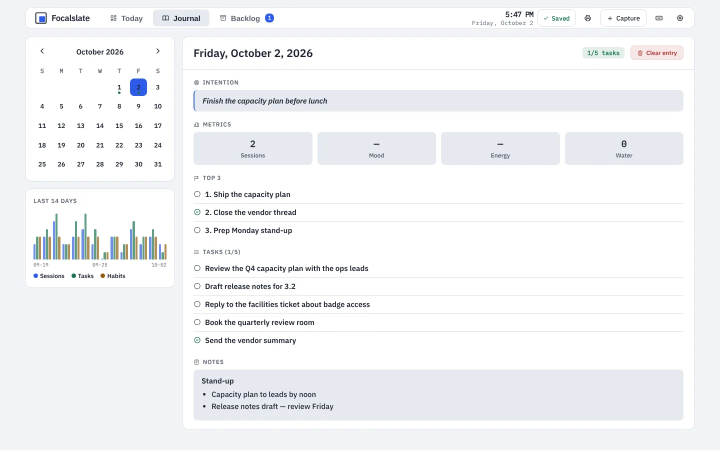 The Journal in Slate Light: a month calendar, a 14-day trend chart, and the day review with intention, Top 3, tasks and notes